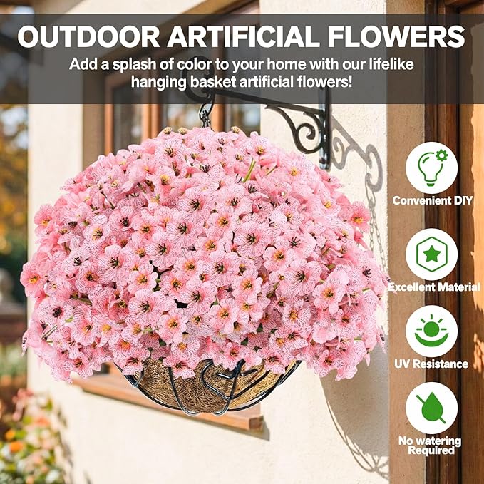 22 Pack Artificial Flowers Outdoor Fake Plants, Faux Flowers UV Resistant with Plastic Plants, Faux Silk Flowers for Outdoors Outside Front Porch Hanging Planter Window Box Garden Decoration(Pink) Powbrace