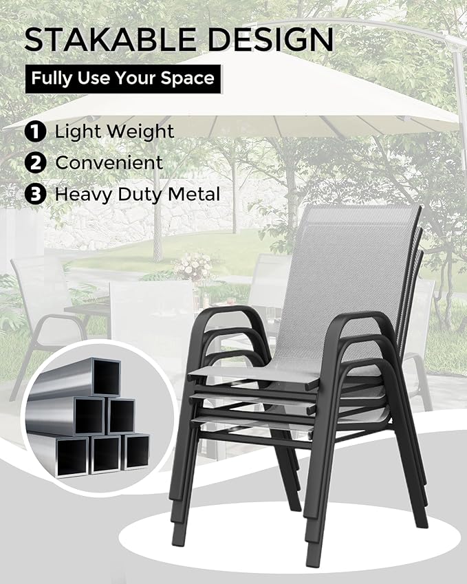 Outdoor Stackable Dining Chairs Set of 4, High-Back Patio Stacking Chairs, Patio Chairs with Textilene Farbic & Metal Frame for Lawn Backyard Deck Garden,Grey Rootora