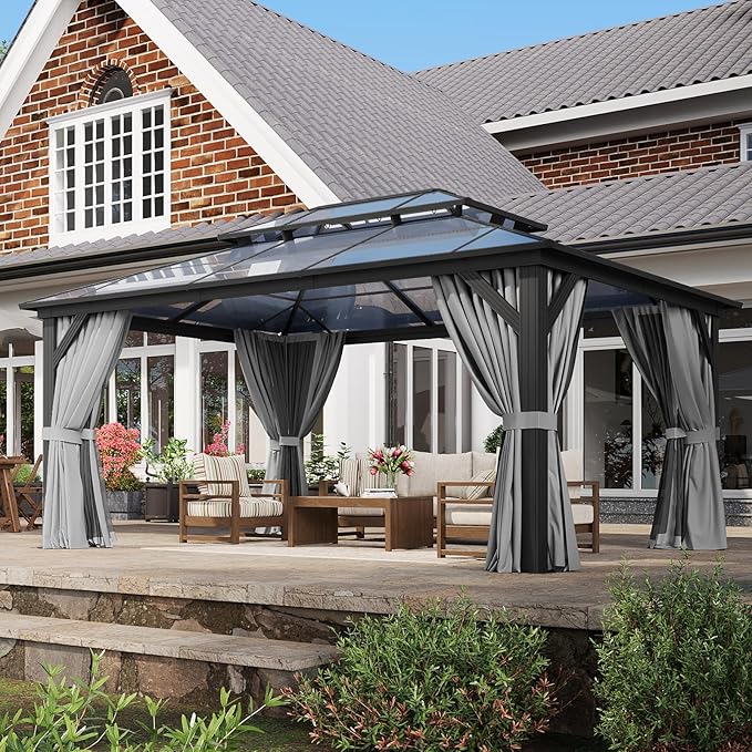 Aoxun 12'x16' Hardtop Gazebo, Aluminum Frame Permanent Pavilion with Curtains and Netting, Outdoor Polycarbonate Double Roof Canopy, Designed for Garden, Lawns, Patio Aoxun