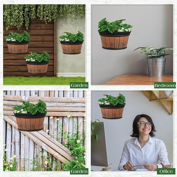 Layhit 6 Pcs Wall Hanging Planters Outdoor Pot Planter Wine Barrel Planter Distressed Oak Thickened Plastic Water Storage Flower Pots for Flower Indoor Outdoor(10 Inches,Brown) ShungLan