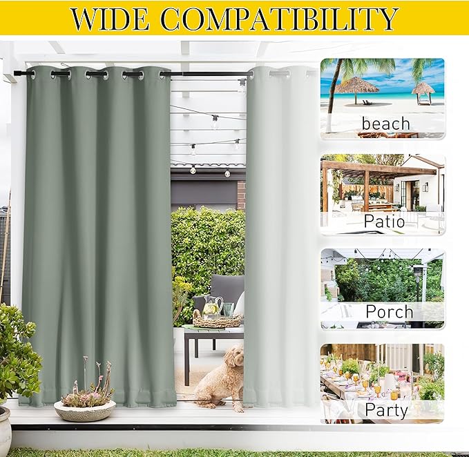 NICETOWN Outdoor Curtains for Patio Waterproof 108 inches Long 2 Panels, Windproof Thermal Insulated Top & Bottom Grommet/Back Tab Privacy Drapes with Rope for Gazebo, Sage Green, W52 x L108 NICETOWN