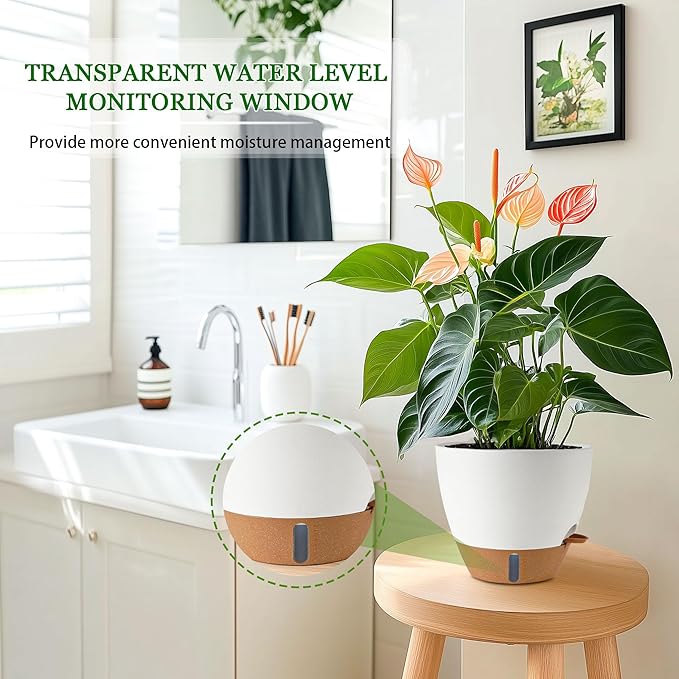 2 Pack 10 inch Plant Pots, Plastic Self Watering Planters with Drainage Holes, Deep Reservoir, Water Level Indicator, Modern Decorative Flower Pots for Indoor Outdoor Plants (White, 10 inch) Fielda