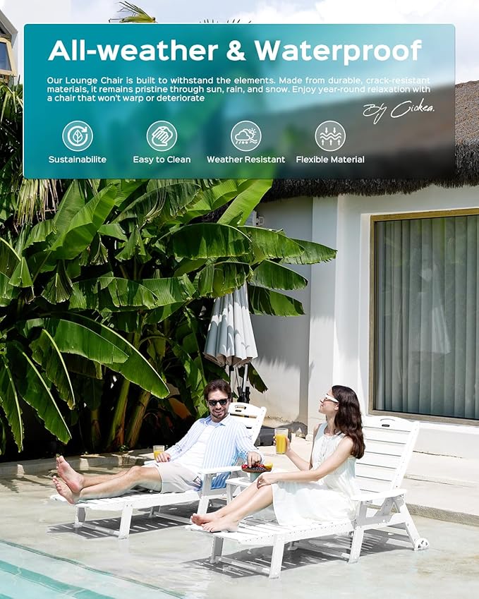 Outdoor Lounge Chair Set of 4, All Weather Patio Chaise Lounge Chairs for Outside, HDPE Chair with Rolling Wheels & Cup Holder, 5 Position, Deck, Pool, White CIOKEA