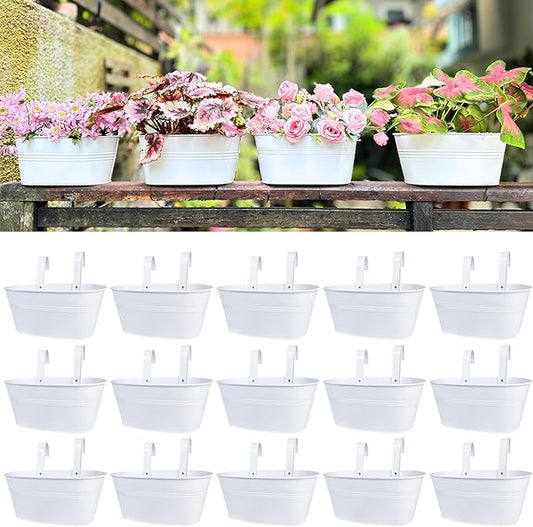 LaLaGreen Planter Boxes Outdoor (15 Pack, 11.8 Inch) White Metal Iron Hanging Flower Pots Deck Railings Rails Fence Buckets Countryside Boho Style Wall Mount Window Box Plant Holder Hooks Porch Decor L%C3%A1L%C3%A1Green
