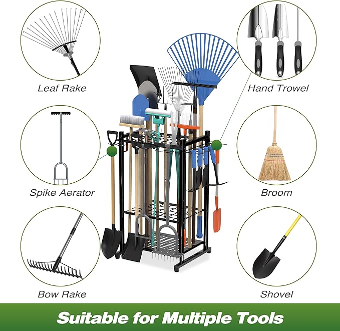 Garden Tool Organizer Rack Up to 50 Tools, Heavy-Duty Steel Yard Tool Organizer for Garage Storage with 11 Hooks, Broom Holder & Garden Tool Rack for Shed, Patio, Outdoor Use, Black Sttoraboks