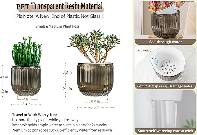 Melphoe Self Watering Pots for Indoor Plants Planter, 6.5/5.3 Inch 2 Pack Planters Self Watering Plant Pots for Flower, Houseplants, Succulent, African Violets and Cactus with Drainage Melphoe