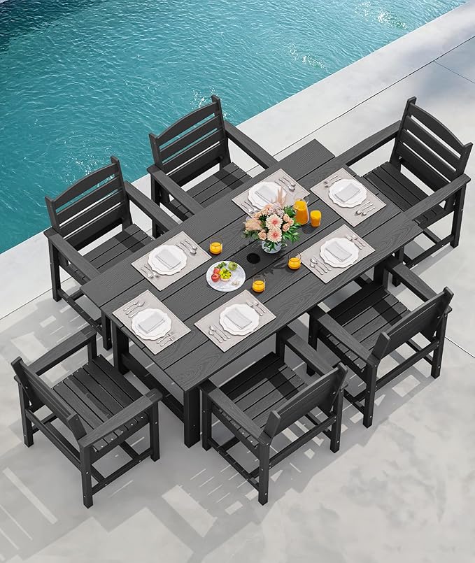 SERWALL 8-Piece Patio Dining Sets with 15FT Double Side Patio Umbrella, Outdoor HDPE Dining Furniture Set with Umbrella Hole Cut-Out Table and 6 Chairs, Black（Umbreall Base not Included） SERWALL