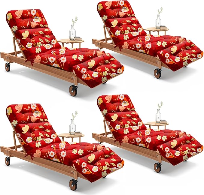 4 Pack Outdoor Chaise Lounge Chair Cushion 75.1 x 22.8 x 4.7 Inches 100% Waterproof Replacement Cotton Patio Pool Lounge Chair Cushion for Outdoor Furniture with Ties, Red Peony Uthem
