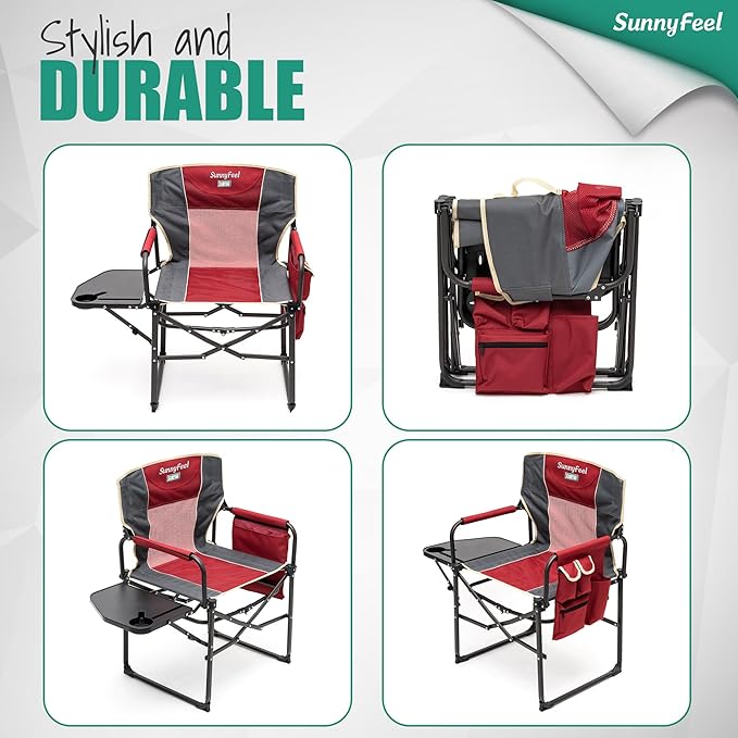 SUNNYFEEL Camping Directors Chair, Heavy Duty,Oversized Portable Folding Chair with Side Table, Pocket for Beach, Fishing,Trip,Picnic,Lawn,Concert Outdoor Foldable Camp Chairs SunnyFeelCamping