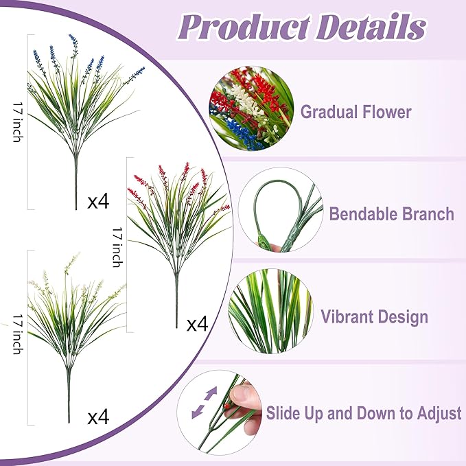 Artificial Faux Plants for Outdoor Spring Decoration, 12 Pcs Fake Monkey Grass for Garden Porch Balcony Planters, Fake Flowers Shrubs UV Resistant No Fade Plants Greenery Bush (Red Blue White) Ammyoo