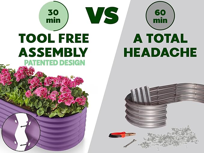 9-in-1 Galvanized Steel Raised Garden Bed // 8×2×1.5 ft Modular Planter for Gardening, Vegetables, Flowers // 18" Tall Metal Raised Garden Beds Outdoor (Purple) // Patented Design Planter Box PlantPlot