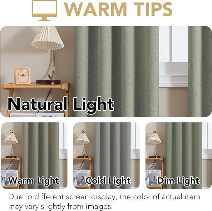 H.VERSAILTEX Linen Curtains 100% Blackout Curtains for Bedroom 96 inch Long Full Light Blocking Nature Linen Blended Window Curtains for Living Room Nickel Grommet (2 Panels, Heathered Dried Sage) HVERSAILTEX