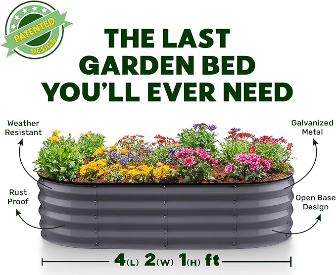 Plant & Plot Galvanized Raised Garden Beds Outdoor // 4×2×1 ft Planter Raised Beds for Gardening, Vegetables, Flowers // Large Metal Garden Box (Gray) // Patent Pending Tool-Free Assembly PlantPlot