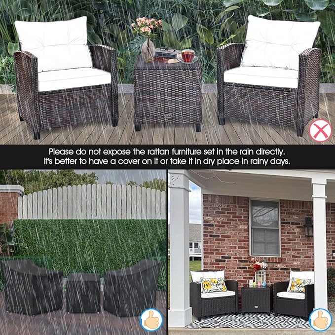 Tangkula 3 Pieces Patio Furniture Set, PE Rattan Wicker 3 Pcs Outdoor Sofa Set w/Washable Cushion and Tempered Glass Tabletop, Conversation Furniture for Garden Poolside Balcony (Beige) TANGKULA