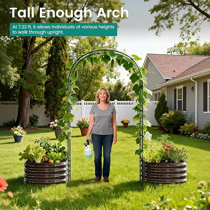 DoCred 3 in 1 Raised Garden Bed with 87in Tall Arch Trellis for Climbing Plants, Galvanized Planter Garden Box Outdoor for Gardening, Climbing Vegetables, Flower, Wood Grain DoCred