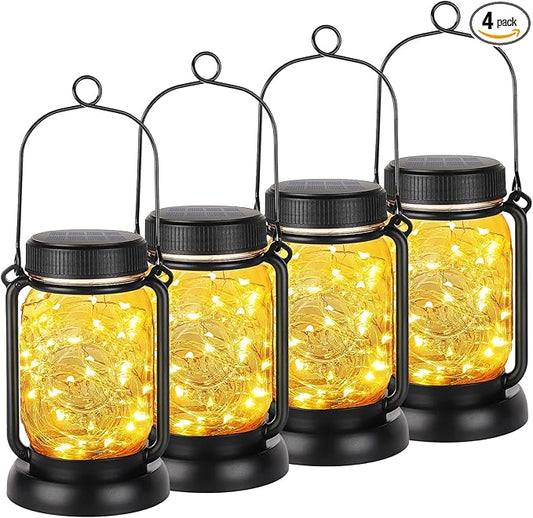 Mlambert 4 Pack Solar Hanging Lantern with Stakes, Outdoor Waterproof Solar Mason Jar Fairy String Lights Decorative Vintage Glass Lamp-Warm White Mlambert