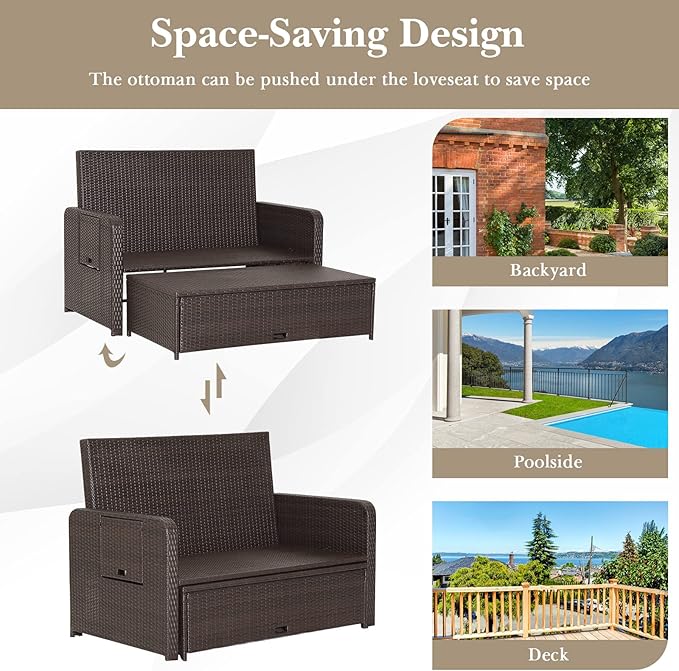 Tangkula Patio Rattan Daybed with 4-Level Adjustable Backrest, Outdoor PE Wicker Loveseat with Storage Ottoman & Folding Side Tray, Double Sunbed Lounger for Balcony, Backyard & Poolside, Navy & Brown TANGKULA