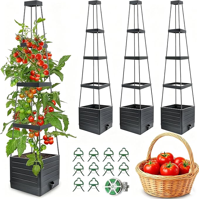 Raised Garden Bed 4 Packs, Planter Boxes with Trellis 58.3'' Tomato Planters for Climbing Vine Vegetables Flowers Plants Self Watering Tomatoes Cage for Outdoor Patio Greenhouse MYMULIKEHOME