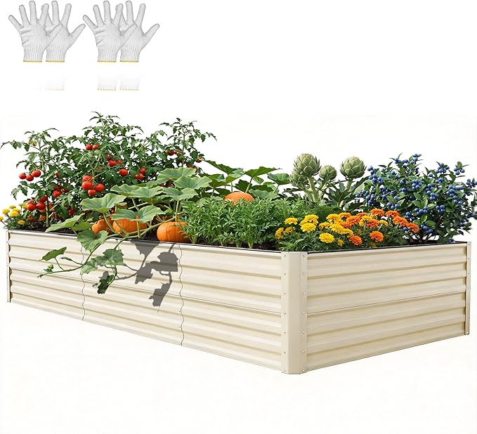 YITAHOME 8x4x2ft Large Raised Garden Bed Kit, Galvanized Metal Planter Box with Gloves, Support Rod & Safety Rubber, Outdoor Above Ground Planters for Plants Vegetables Flowers, Cream Yellow YITAHOME