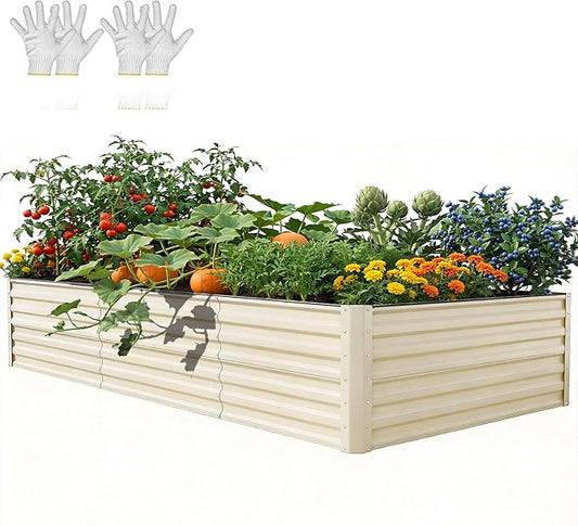YITAHOME 8x4x2ft Large Raised Garden Bed Kit, Galvanized Metal Planter Box with Gloves, Support Rod & Safety Rubber, Outdoor Above Ground Planters for Plants Vegetables Flowers, Cream Yellow YITAHOME