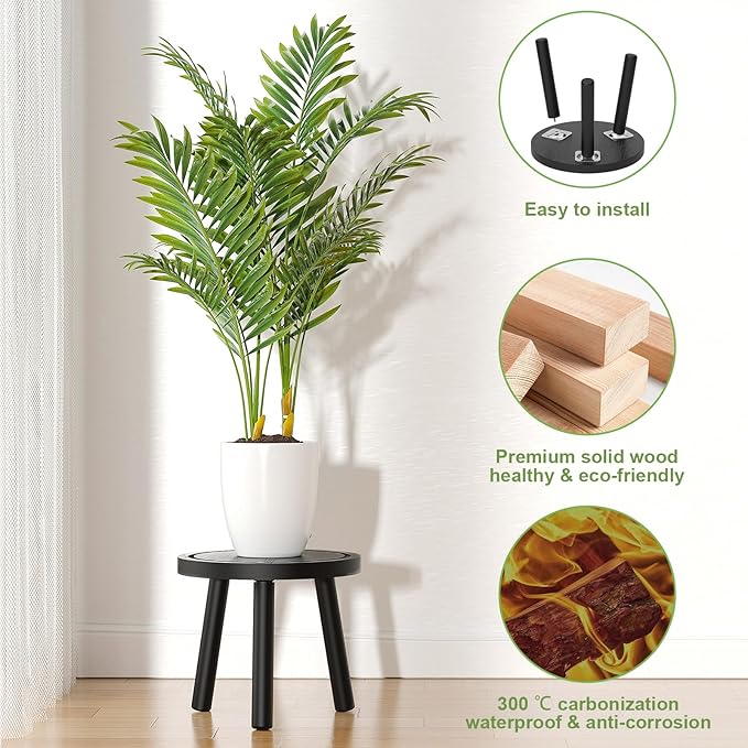 3-Pack Wood Plant Stands Indoor, Single Plant Stand for 6-12 Inch Pots, Mid-Century Modern Plant Stool, Tall Plant Stand for Large Plants for Living Room, Balcony, Office (Black) Rootora