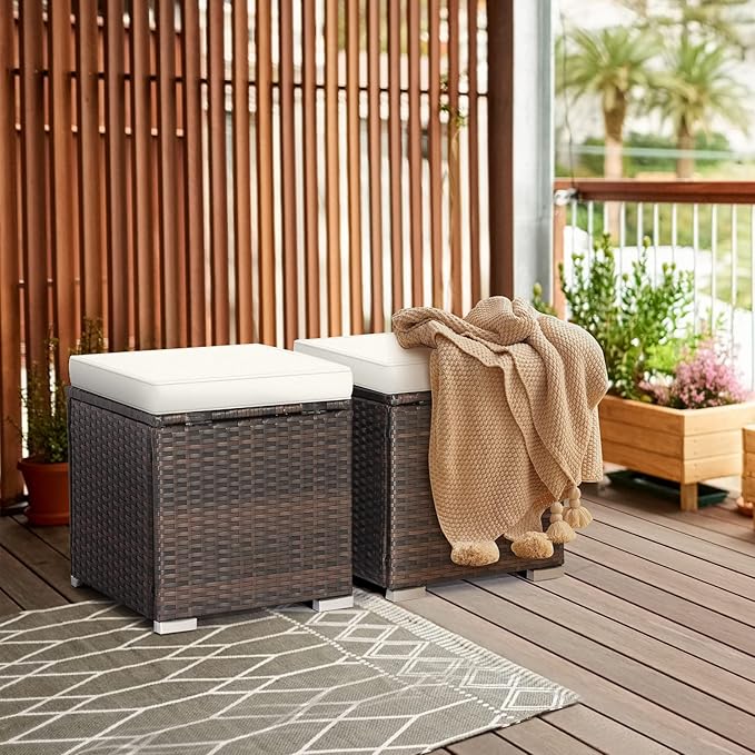 RELAX4LIFE Wicker Outdoor Storage Ottoman, 2-Piece Rattan Footstool w/Removable Cushion, Multipurpose Footrest Stool Side Table Additional Seating, Set of 2 Outdoor Ottomans for Patio Deck (Off White) RELAX4LIFE