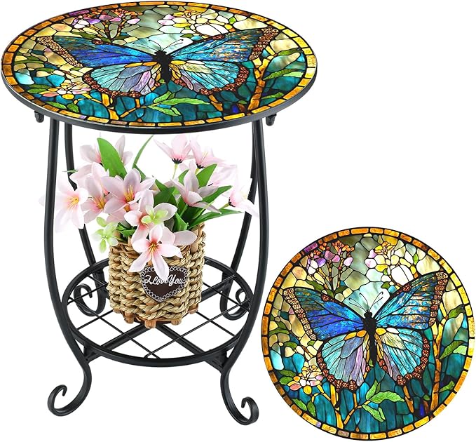 Outdoor Side Table Round Small Mosaic Patio Accent Indoor End Plant Coffee Tea Table for Yard Patio Porch Garden Living Room, Bedroom(Butterfly Style,14 Inch) Cinnvoice