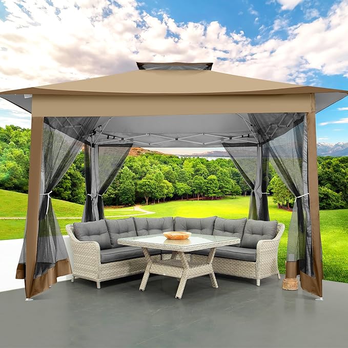 COBIZI 12x12 Pop up Gazebo on Clearance Canopy Tent, carpas para Patio, Outdoor Canopy with Portable Carrying Bag for Vendor, Outdoor Patio Gazebo for Garden, Backyard,Beach, Brown COBIZI