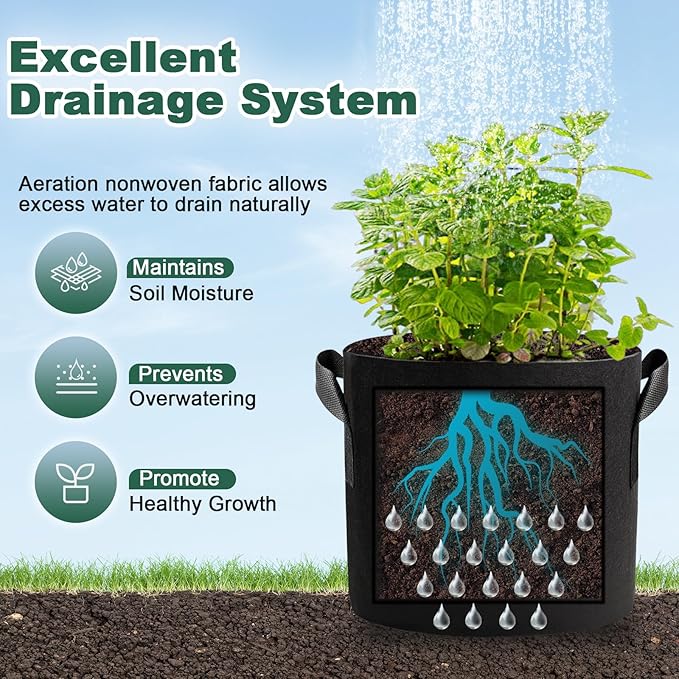5 Pack 15 Gallon Grow Bags, Thickened Aeration Nonwoven Fabric Planting Bags with Handles, Heavy Duty 300G Garden Planter Bag for Tomato, Potato, Strawberry, Vegetable, Fruits and Flowers Rootora