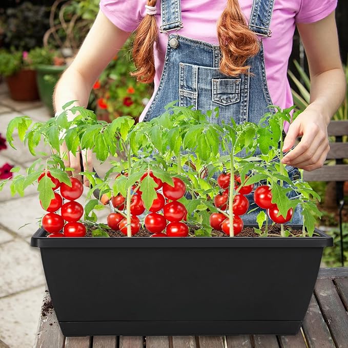 12Pcs 17Inches Rectangle Planter Box with Drainage Holes and Trays Plastic Planters Flower Boxes Pots for Indoor Outdoor Plants Patio Garden Home Decor Porch Yard (Black) Lysjtsr