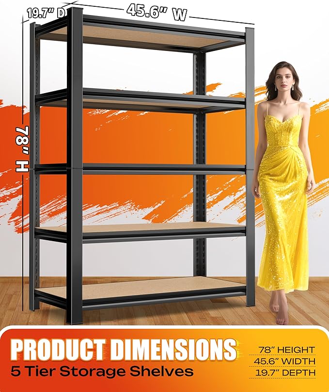 AOARGG Set of 2 Garage Shelving Heavy Duty Storage Shelves, Metal Adjustable Shelving Unit, Utility Garage Organizer Shelf for Basement, Pantry, Kitchen, Warehouse, 19.7" Dx45.6 Wx78 H, Black Rootora