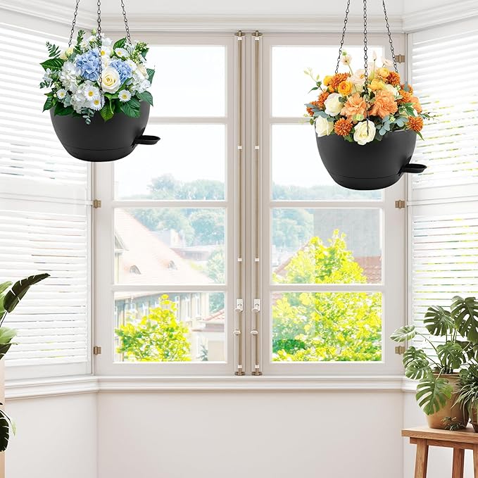 12 inch Hanging Planters for Indoor Plants, 2 Pack Self-Watering Hanging Planter Pots with Chain and Drainage Holes, Outdoor Plastic Hanging Baskets for Garden Home Decor (Black, 2pcs/12inch) Rootora