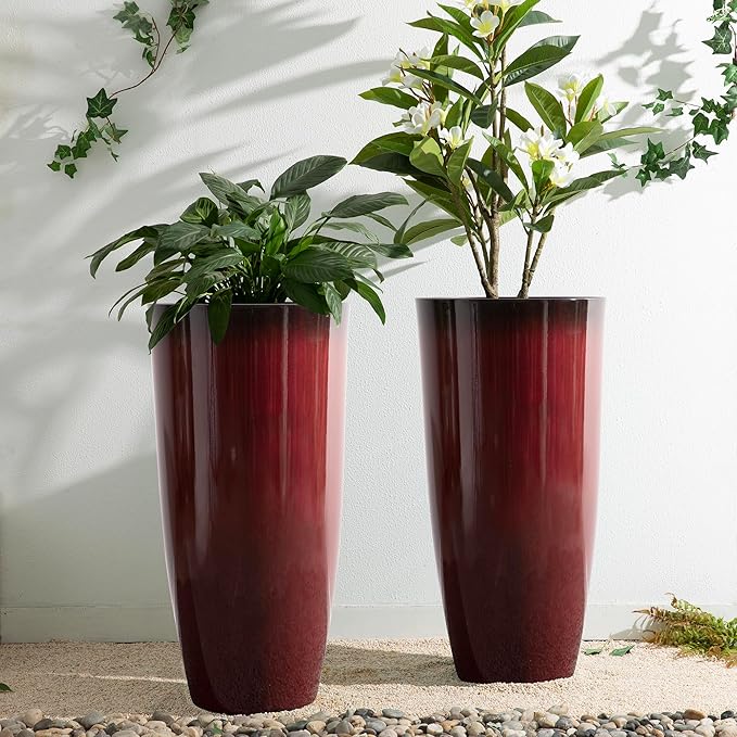 Glitzhome 30" H Oversized Tall Planter, Set of 2 Large Outdoor Planters with Drainage Holes, Gradient Red Faux Ceramic Finish, Large Flower Pots Plastic Plant Pots for Indoor Outdoor Front Door Patio Glitzhome