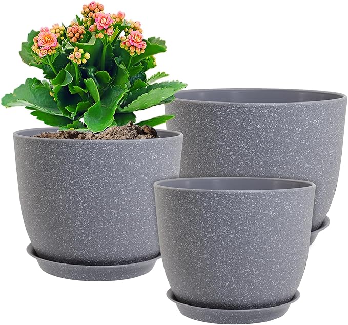12/10/9 inch Large Plant Pots, 3 Pack Modern Decorative Plastic Planters with Drainage Holes and Saucer for House Garden Plants, Flower Pots for Indoor Outdoor Plants, Speckled Grey WSMKSZ