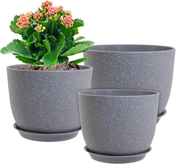 Flower Pots 9/8/7.5inch, Set of 3 Modern Decorative Plastic Planters with Drainage Holes and Saucers for Garden House Plants, Plant Pots for Indoor Outdoor Plants, Speckled Grey WSMKSZ
