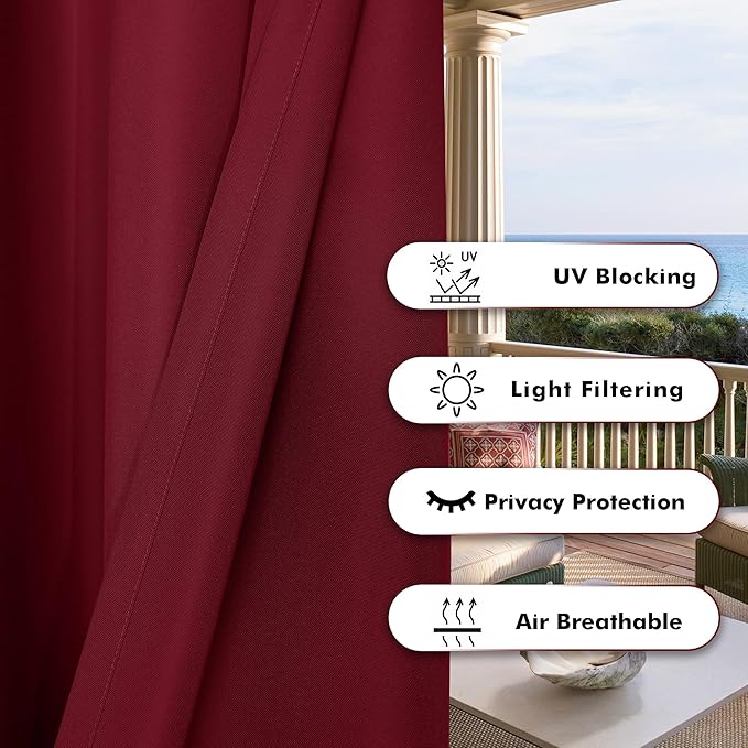BONZER Outdoor Curtains for Patio Waterproof Thick Privacy Grommet Light Filtering Outside Curtains for Porch Pergola Gazebo Deck, 1 Panel, 84W x 108L inch, Red Bonzer