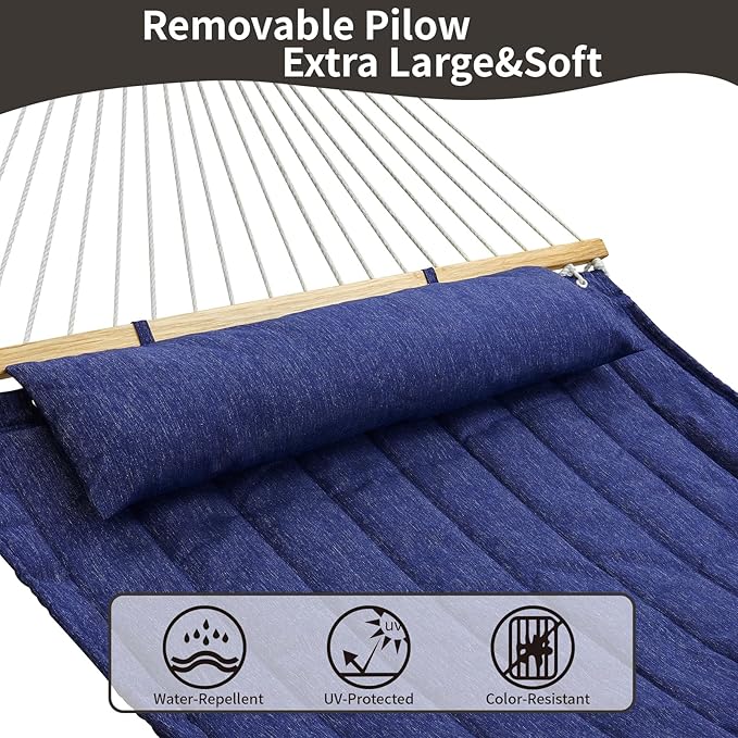 Double Quilted Fabric Hammock with Hardwood Spreader Bars and Pillow 450 LBS Capacity 2 Person Large Hammock for Outdoor Patio Backyard Poolside - Dark Blue CHULIM