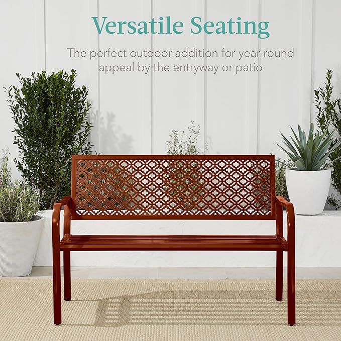 Best Choice Products Outdoor Bench 2-Person Metal Steel Benches Furniture for Garden, Patio, Porch, Entryway w/Geometric Backrest, 790lb Capacity - Rust BestChoiceProducts