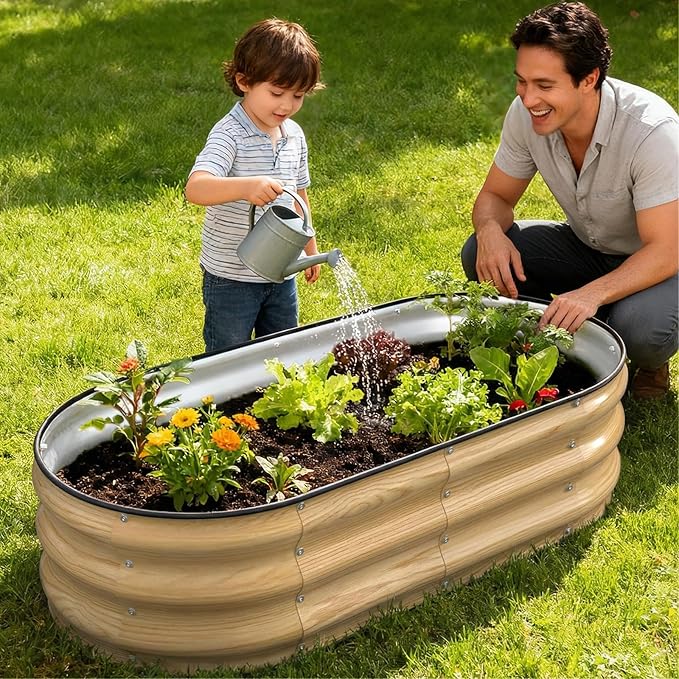 4x2x1FT Galvanized Raised Garden Beds,Raised Garden Bed with Safety Edging and Gloves,Oval Metal Planter Box for Gardening Vegetables Flowers Herb-Natural Oak Patiobay