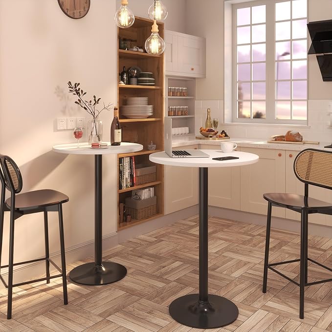 Furmax Bistro Pub Table Round Bar Height Cocktail Table for Home Bar, Small Round Bar Tables for Party, Dining Room, Living Room and Wedding, Metal Base MDF Top Obsidian, 40.6 Inch Height (4, White-1) Furmax