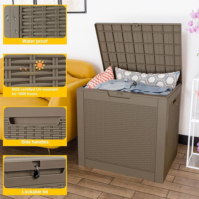 DRATO 34 Gallon Deck Boxes Resin Outdoor Storage Box UV Resistant Outside Deck Box with Lockable Lid for Patio Furniture（Grey，34 Gallon） DRATOprovidesawarmandcozy