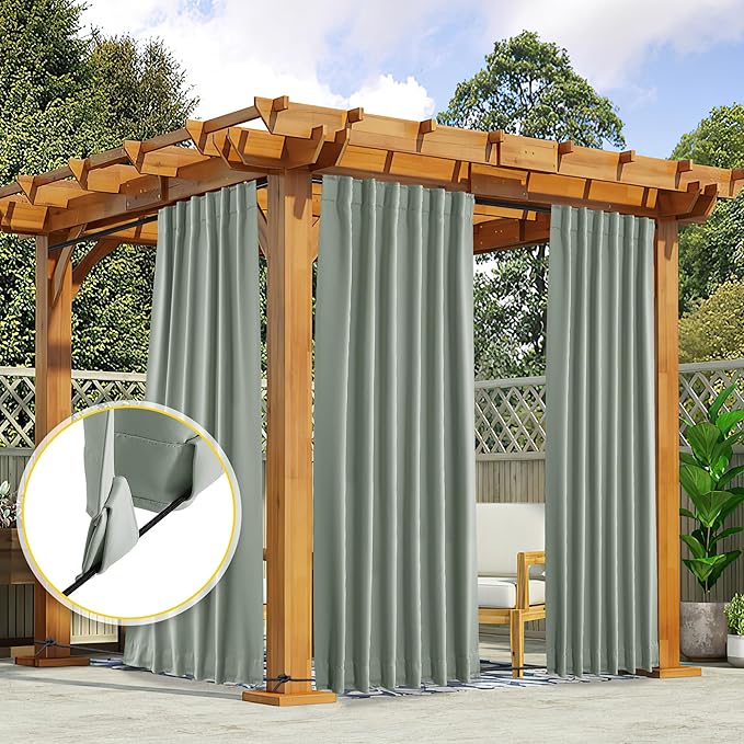 NICETOWN 2 Panels Outdoor Curtains for Patio Waterproof 108 inches Long, Windproof Thermal Insulated Top & Bottom Pocket & Back Tab Blackout Drapes with Rope for Fixed, Sage Green, W52 x L108 NICETOWN