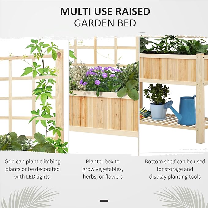 Outsunny 47'' Wooden Raised Garden Bed with Trellis, Coutryside Style Elevated Planter Box Stand with Open Storage Shelf, Spacious Planting Area for Vegetables, Herbs, Flowers Outsunny