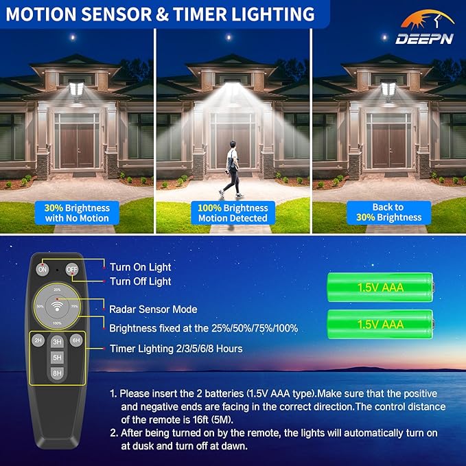 Solar Lights Outdoor, IP66 Waterproof Street Lights Outdoor, 6500K Dusk to Dawn Solar Security Flood Lights Motion Sensor with Remote Control for Yard, Entryway Garage, Porch 4 Pack DEEPN