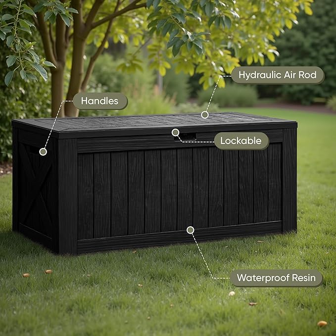 Flamaker Resin Deck Box 120 Gallon Waterproof Large Outdoor Indoor Storage Box Imitation Wood Resin for Patio Furniture Garden Tools and Pool (Black) Flamaker
