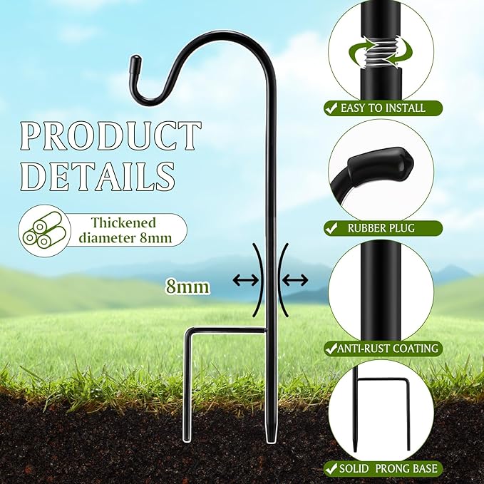4 Pcs 15 Inch Shepherds Hook for Outdoor Adjustable Bird Feeder Pole Metal Steel Shepard Hooks for Hummingbird Stand Feeder Pole for Garden Plant, Lantern, Hanging Wedding Decor Yetene