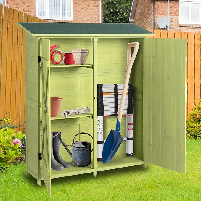 Outvita Outdoor Storage Cabinet with Waterproof Roof, Double Lockable Doors Garden Shed with 2 Removable Shelves, Wooden Storage Shed with Large Storage Space for Yard Garge Patio Deck Porch（Green） Outvita