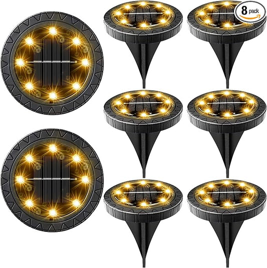 Solar Powered 8 Pack Outdoor LED Disk Lights - IP68 Waterproof, Non-Slip, Wear-Resistant Pathway Lights (Warm White) Kdorrku