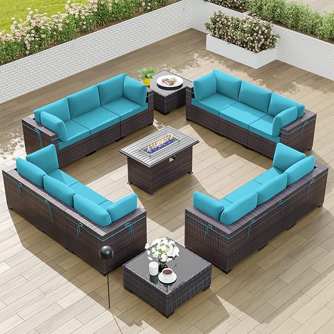 Kullavik 15PCS Outdoor Patio Furniture Set with 43" 55000BTU Gas Propane Fire Pit Table PE Wicker Rattan Sectional Sofa Patio Conversation Sets w/8 Coner Sofas,Blue KULLAVIK