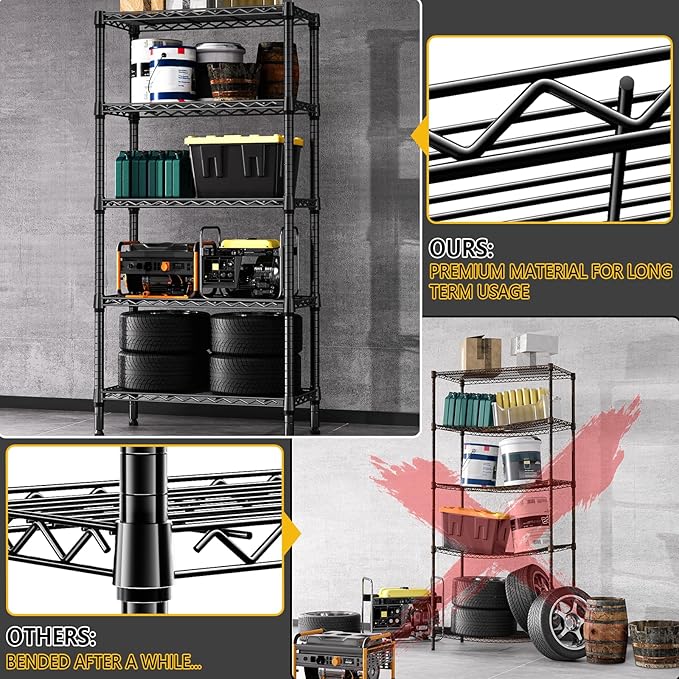 1250 lbs 5 Tier Shelf Metal Storage Shelves Wire Rack Closet Organizers for Garage Kitchen Bathroom Laundry Black 11.8" D x 29.5" W x 59.5" H MEIGAOPLASTICANDMETALHKCOLIMITED